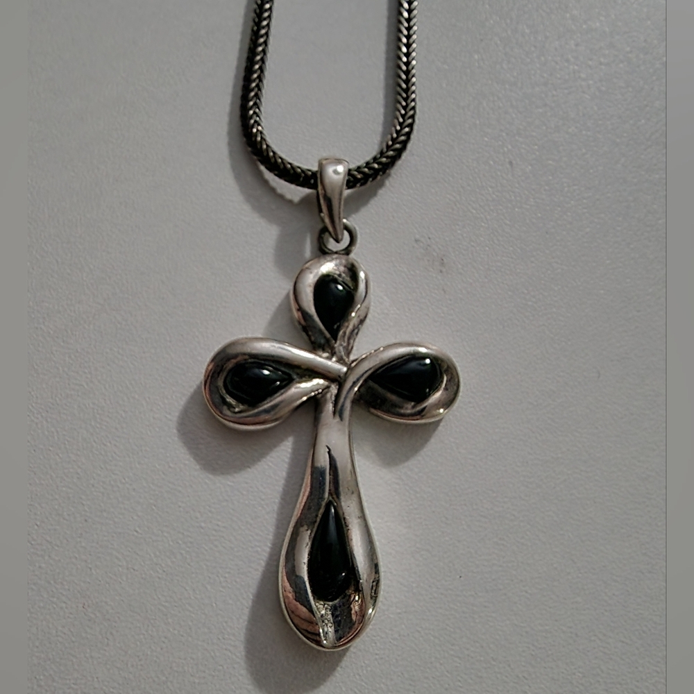 Barse 925 Sterling Silver and Onyx Southwestern style Cross Pendant Necklace
